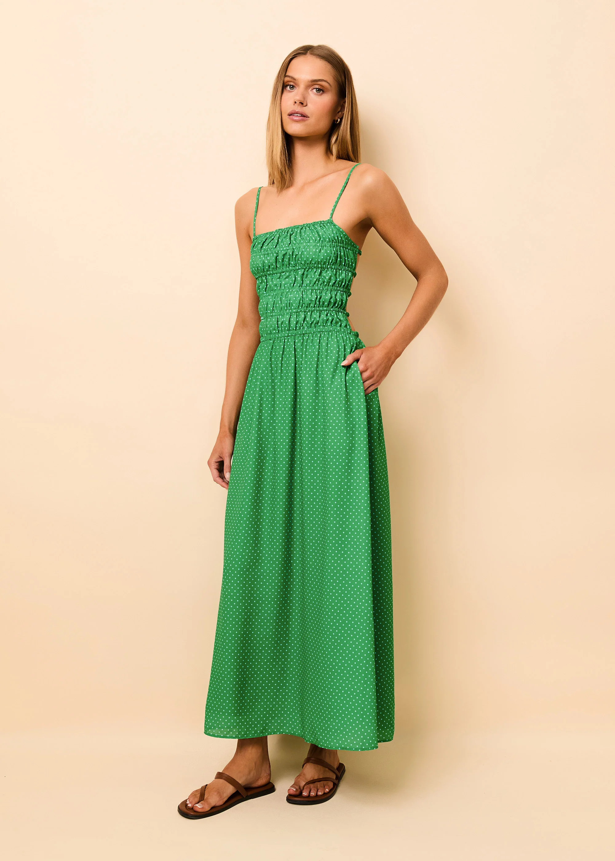 Delta Midi Dress Luxe Drape Turtle Green / Blue Lagoon Mini Dot - Image 4