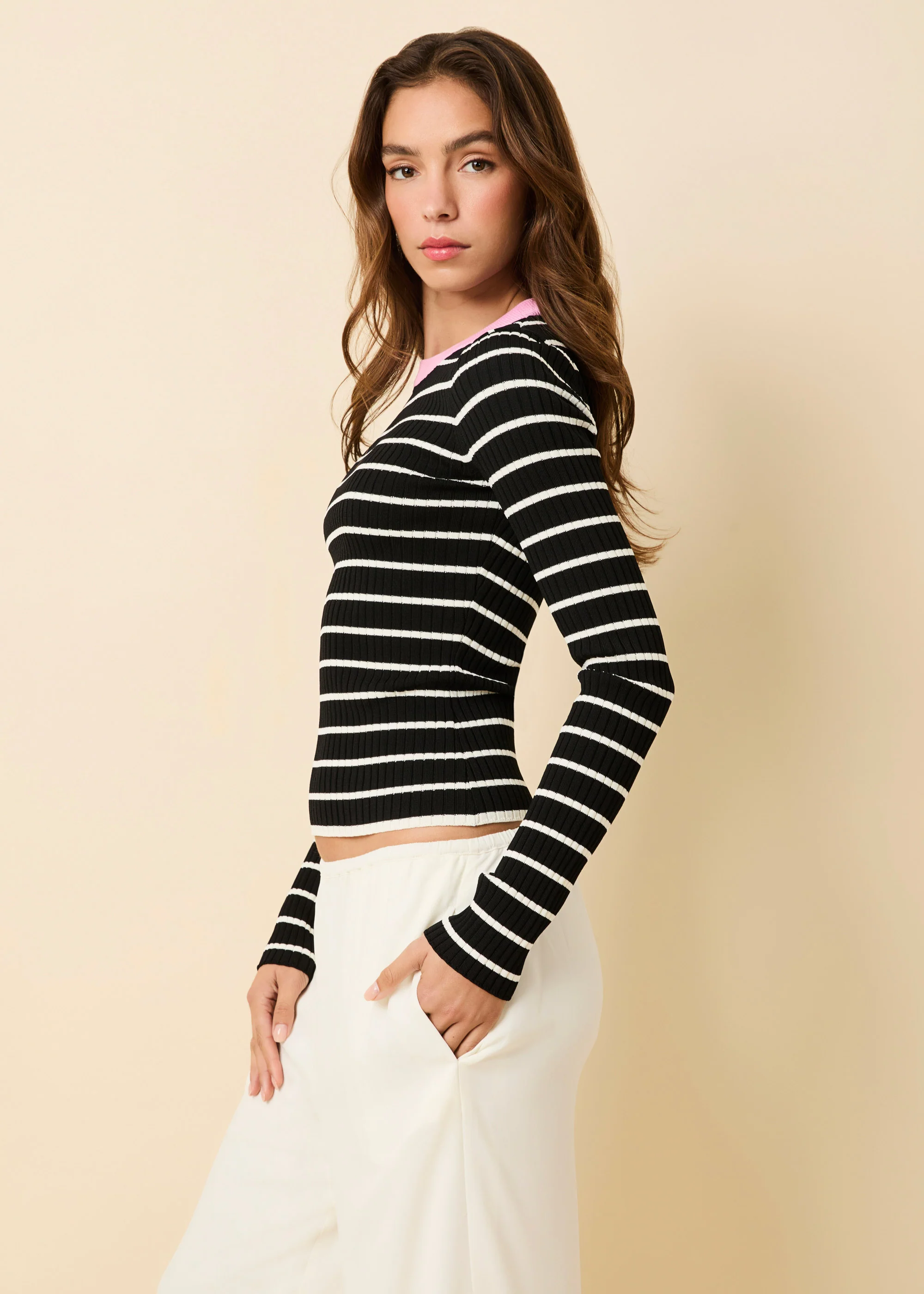 Dora Ribbed Knit Top Noir / Brule Stripe / Bon Bon - Image 3