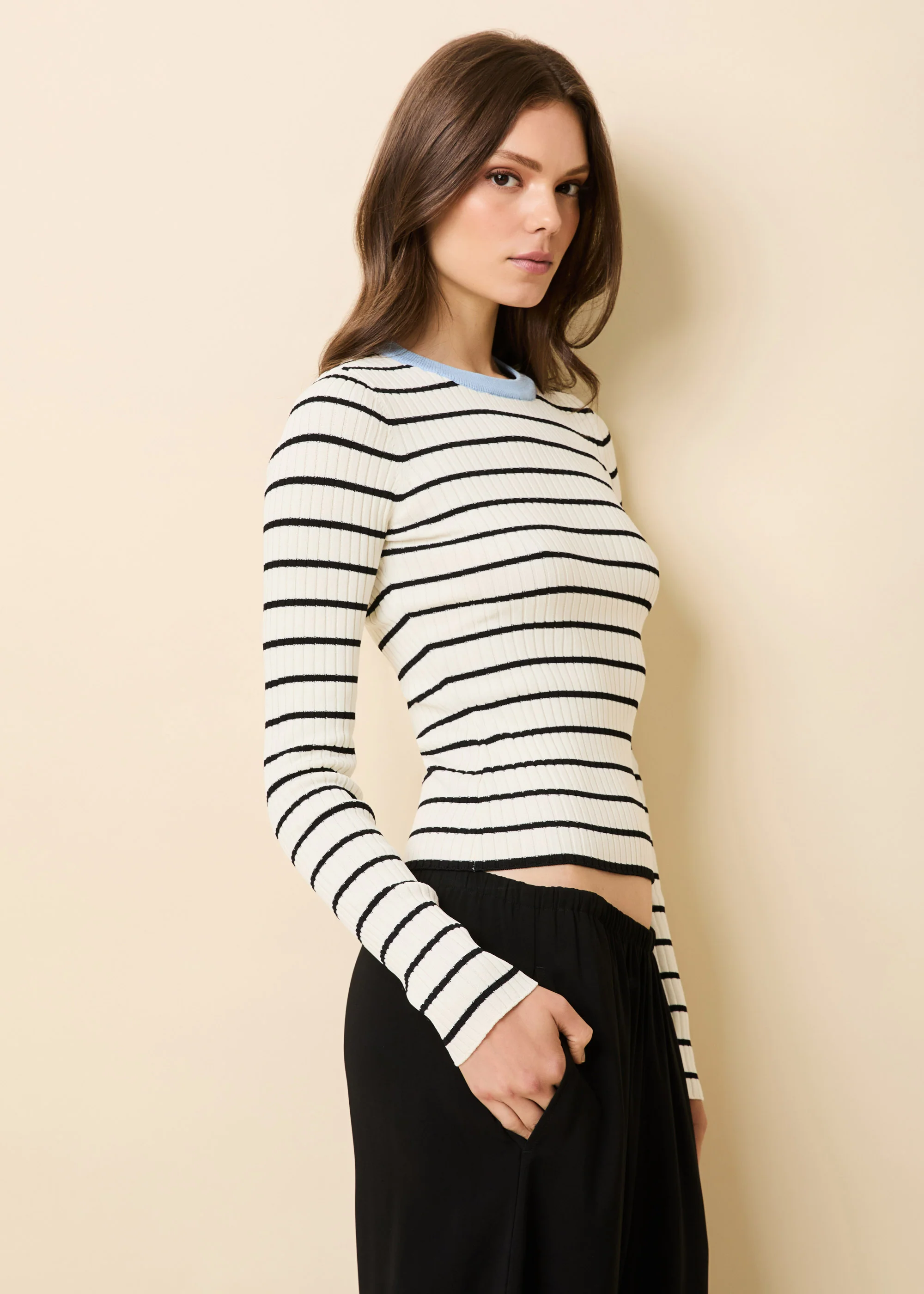 Dora Ribbed Knit Top Brule / Noir Stripe / Open Water - Image 4
