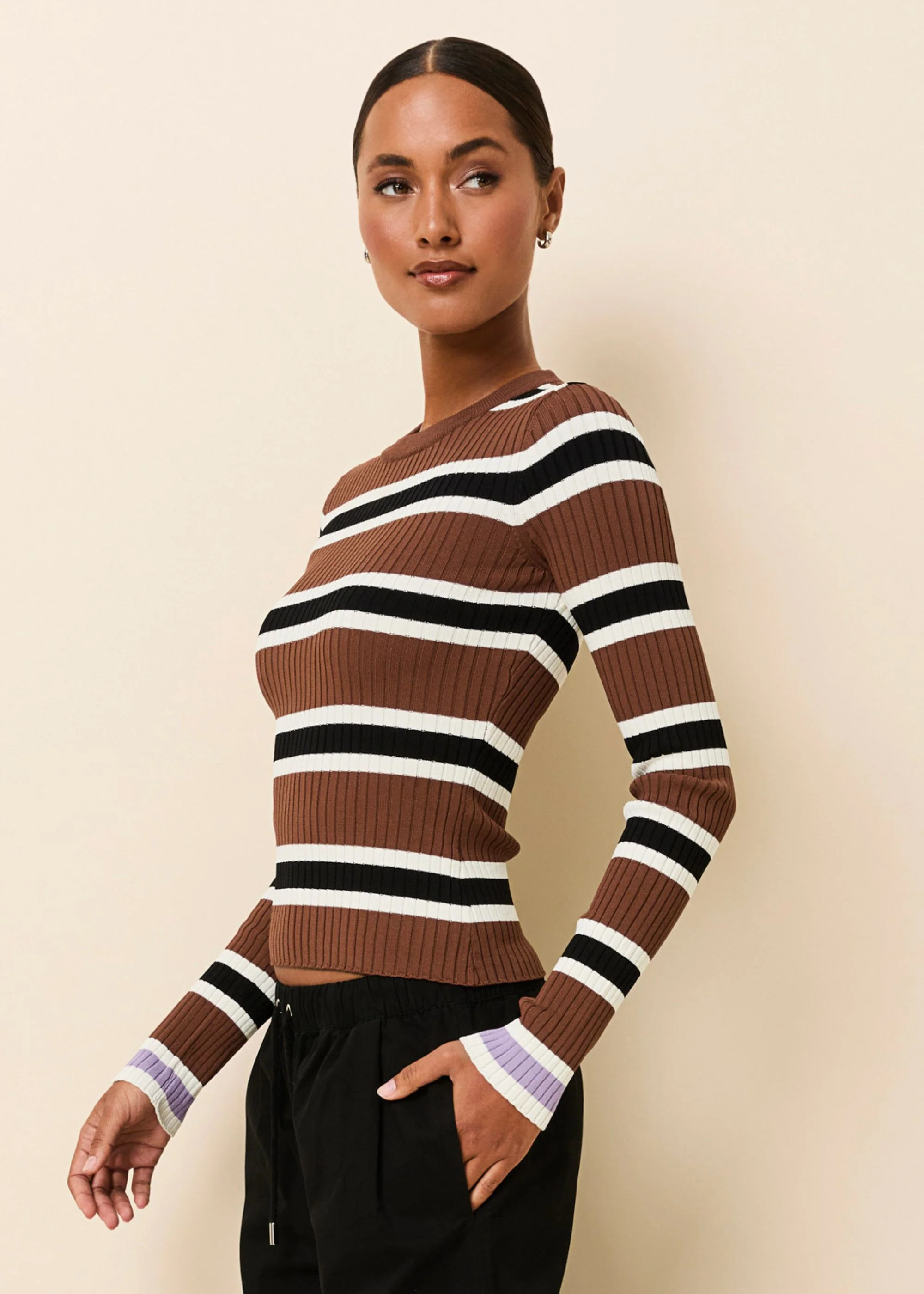 Dora Ribbed Knit Top Coconut / Noir Stripe - Image 4