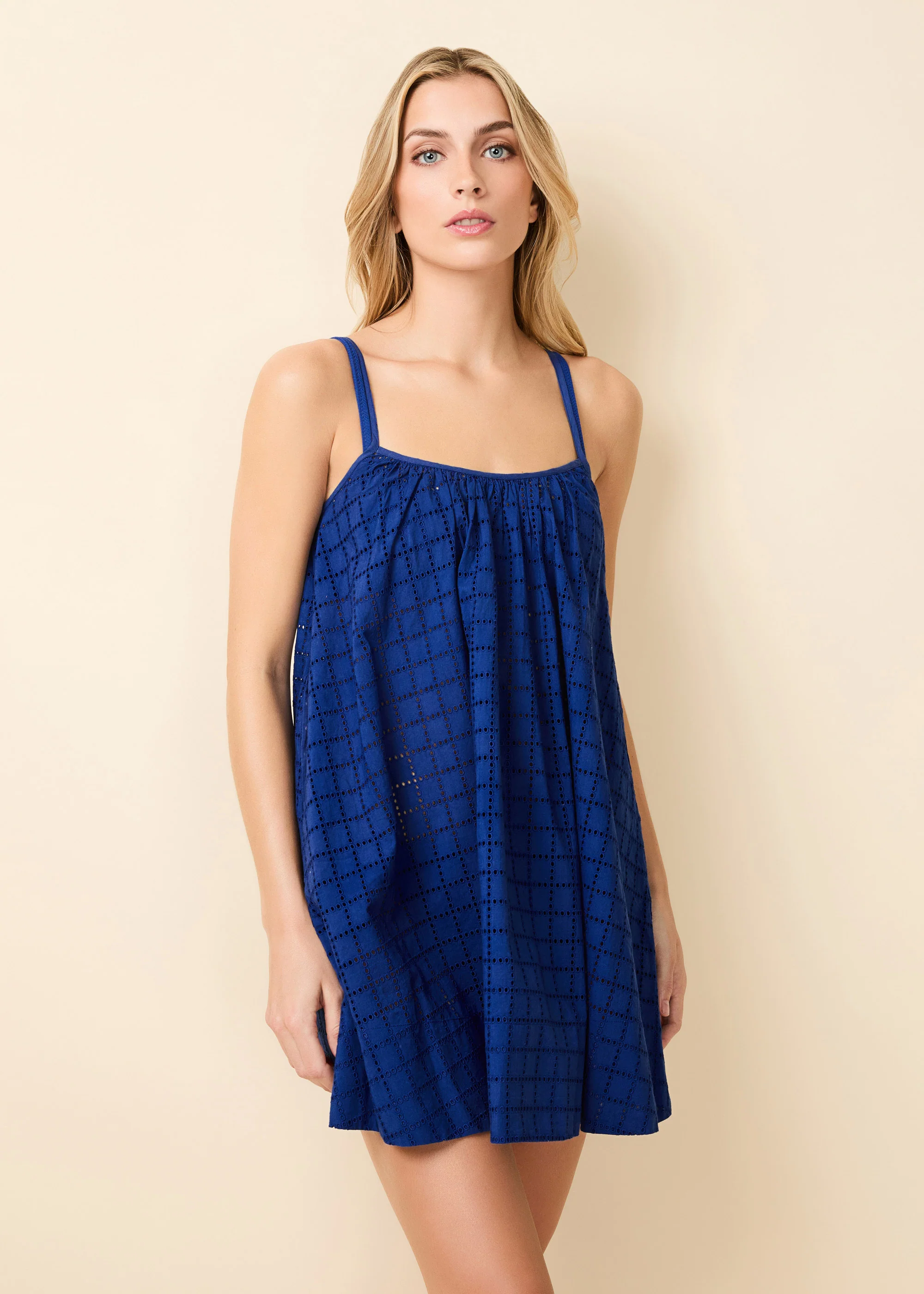 Lindsay Dress Poplin Grid Eyelet Maritime Navy - Image 4