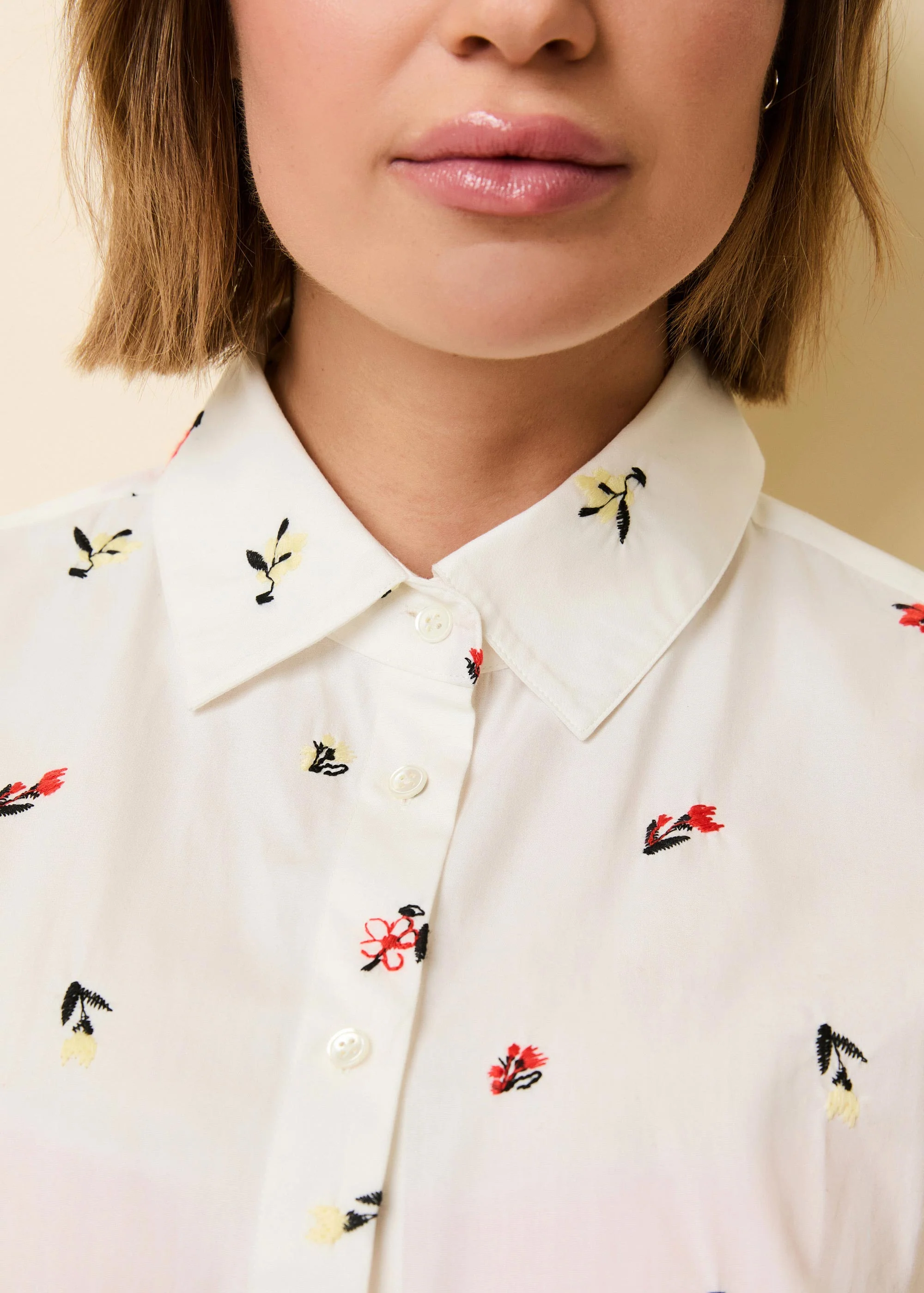 Obert Button Down Shirt Poplin Embroidered Floral Optic White - Image 4